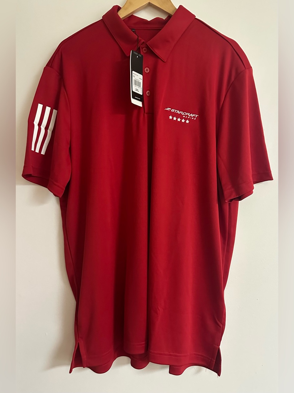 adidas Men's Red Polo with White Sleeve Stripes